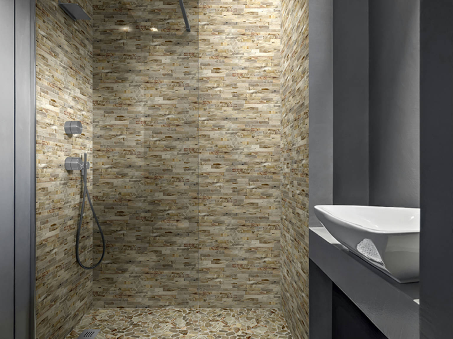 Fossil Wood Mini Opus Mix Beige Interlocking Mosaic | Gemini Tile and Marble