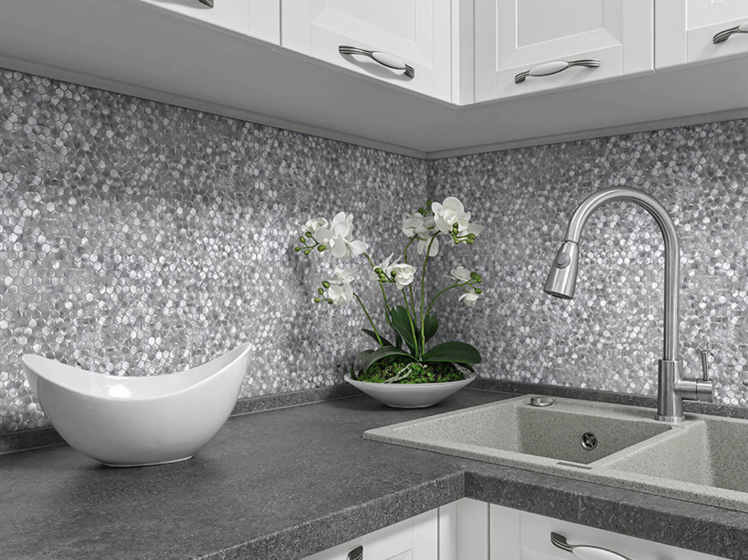 Medium Hexagon Silver Aluminum Mosaic  | Gemini Tile and Marble