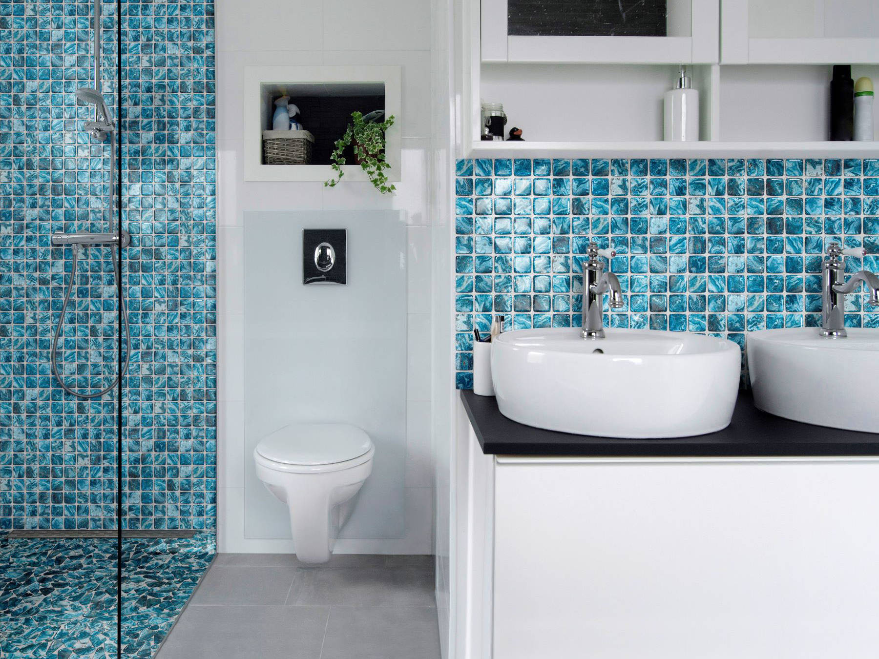 Glass Pebble Blue + Glass Square Blue Marble Pattern Mix | Tile Masters