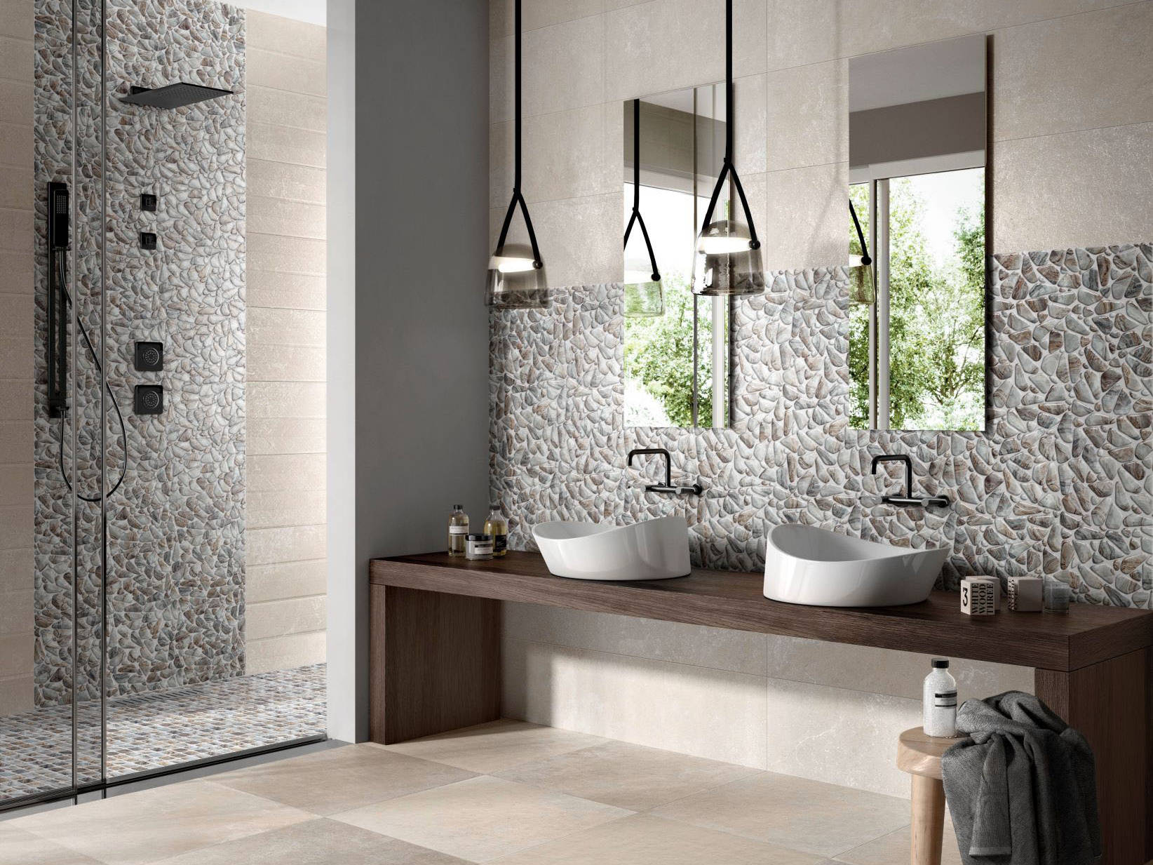 Glass Pebble Grey Beige Mix + Glass Square Grey Beige Mix | Tile Masters