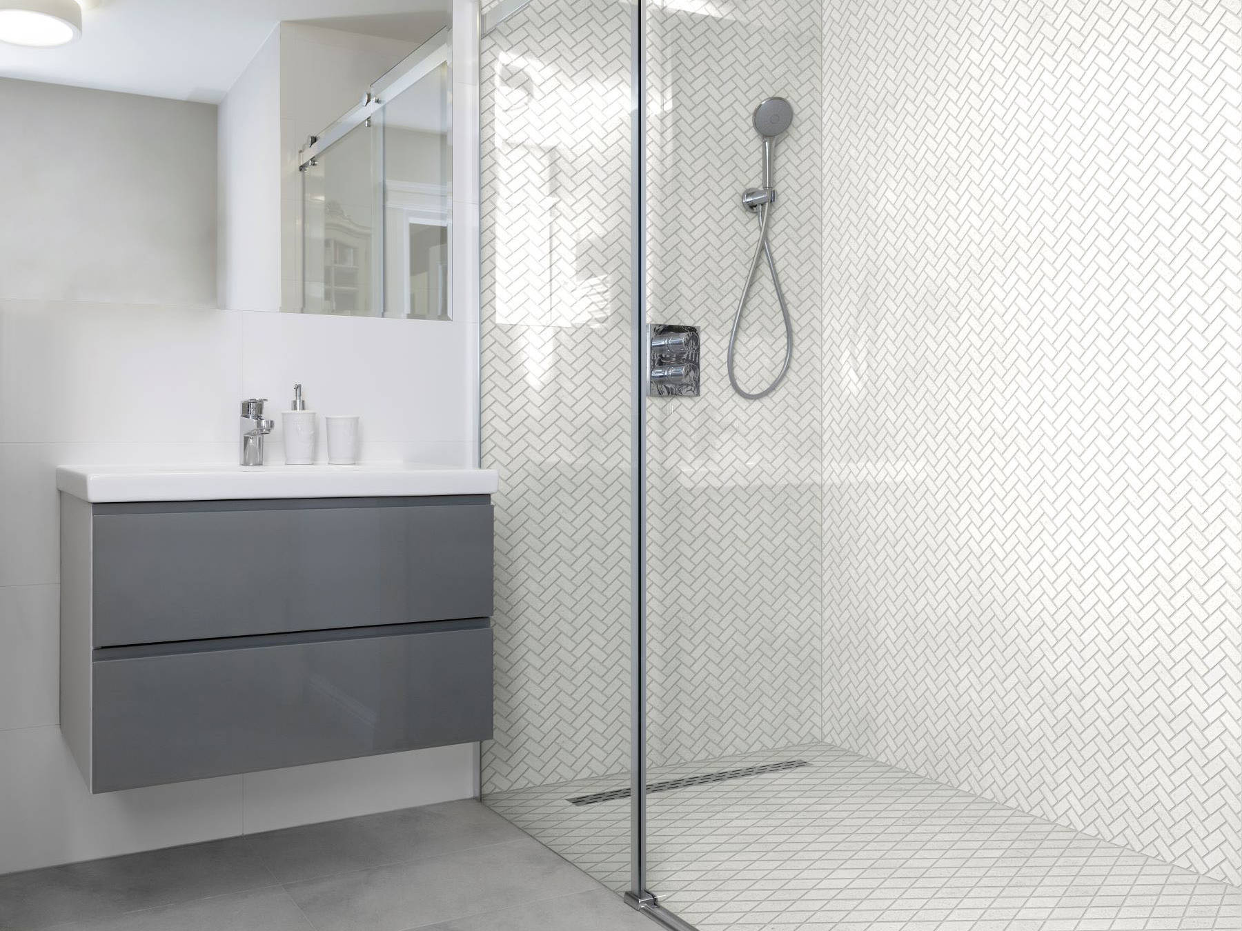 Herringbone Crystal + Crystal White  Marble Diamond | Tile Masters