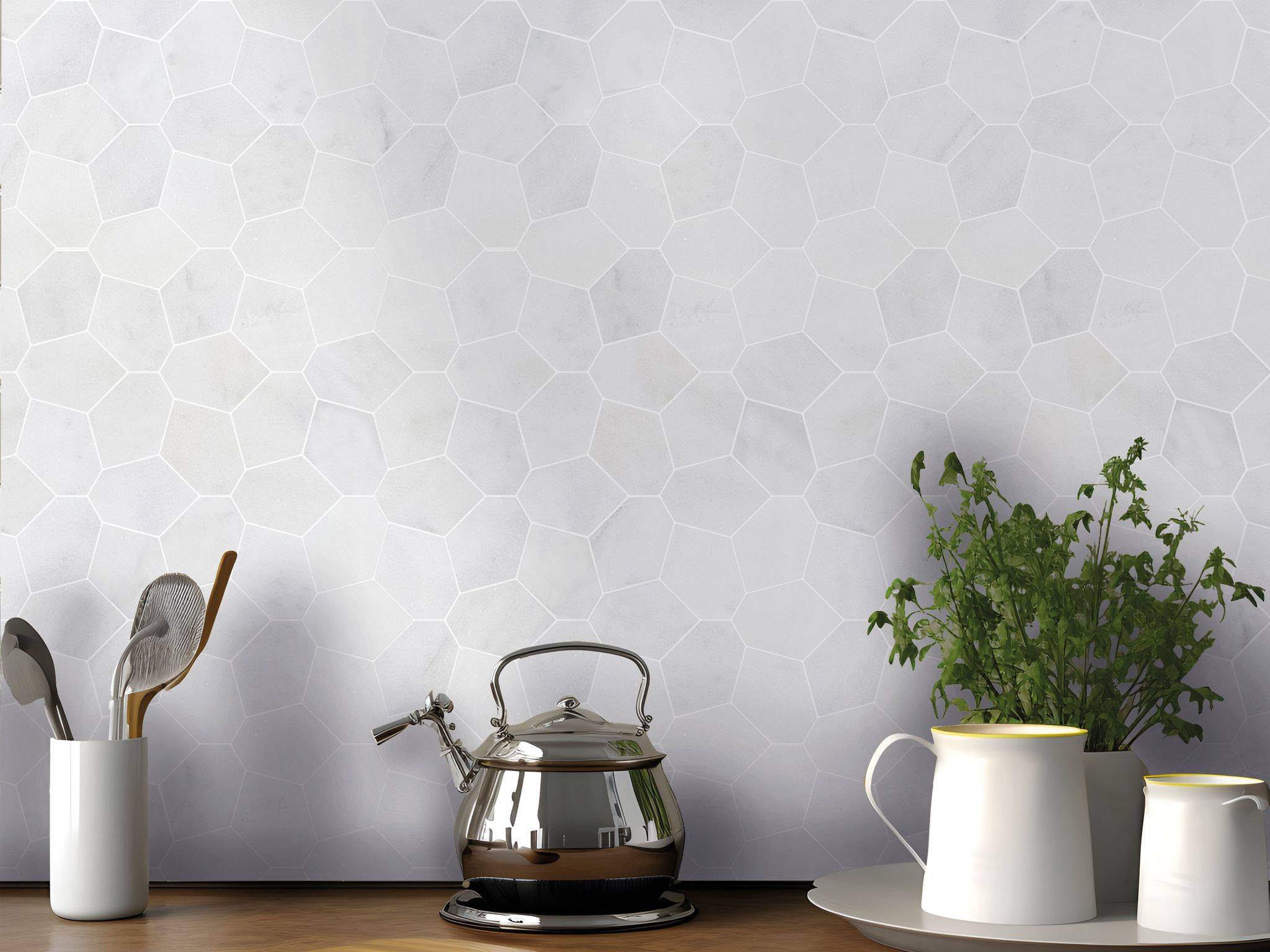 Irregular Hexagon White Grey Marble  | Tile Masters