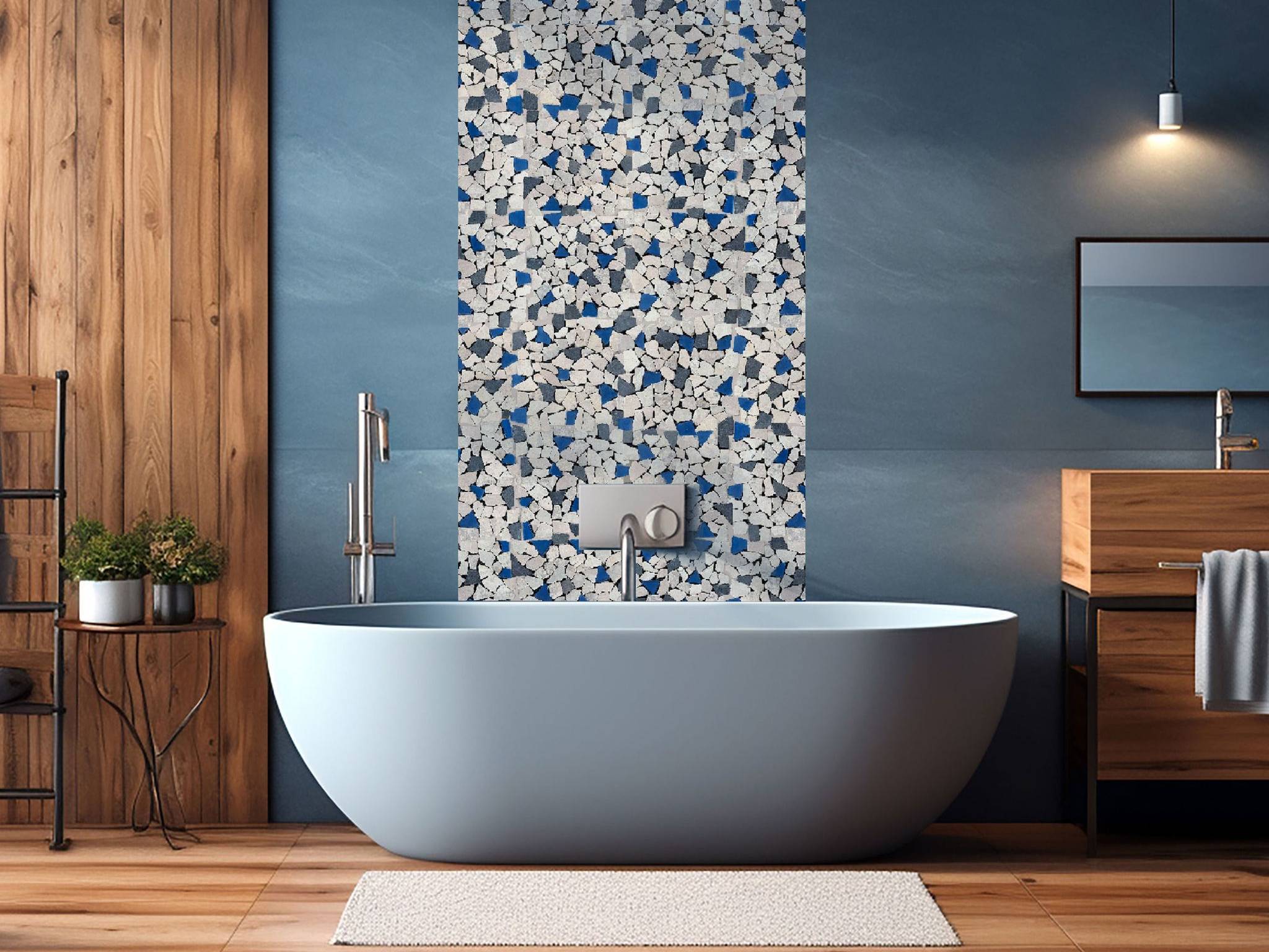 Mini Opus Beige Grey Marble Mix & Blue Glass | Tile Masters